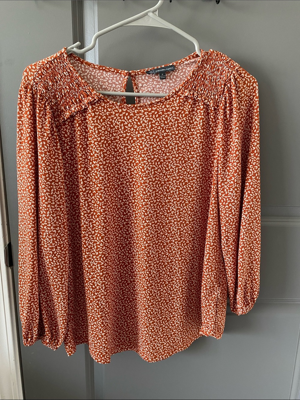 Adrianna Papell Rust Micro-Print Long Sleeve Blouse